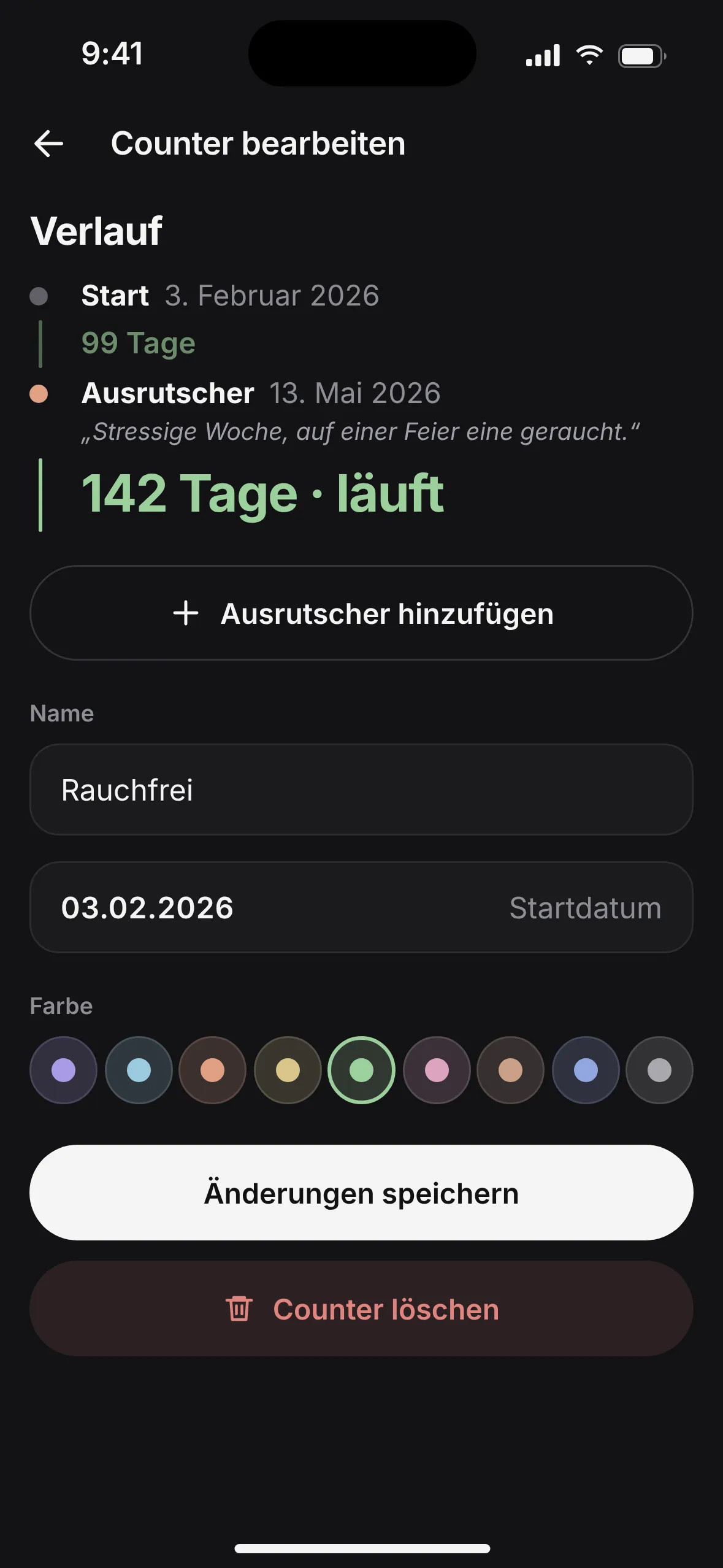 Detailseite des Zählers „Rauchfrei“: Verlauf mit Start am 3. Februar, einem notierten Ausrutscher am 13. Mai und 142 laufenden Tagen, darunter Name, Startdatum und Farbauswahl